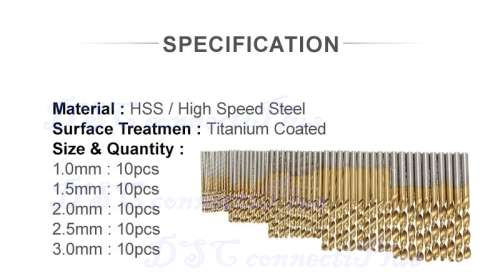 50Pcs HSS Titanium Coated Twist Drill Bits 1/1.5/2/2.5/3mm High Speed Steel Wood Drilling Metalwork