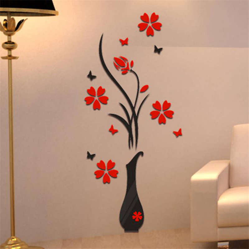 Home Decor DIY Vase Flower Tree Crystal Arcylic 3D Wall Sticker Decal (Red+Black)..!