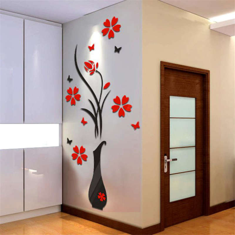 Home Decor DIY Vase Flower Tree Crystal Arcylic 3D Wall Sticker Decal (Red+Black)..!