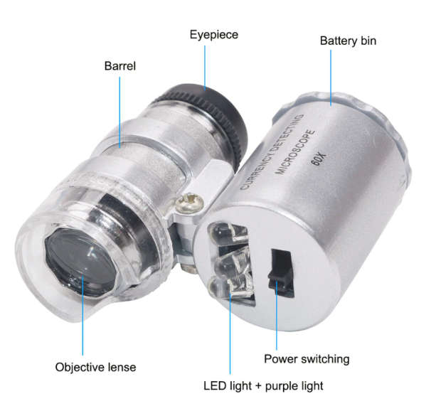 60X Jewelers Pocket Magnifying Loupe LED Light Optical Instrument Microscope (Silver)..!