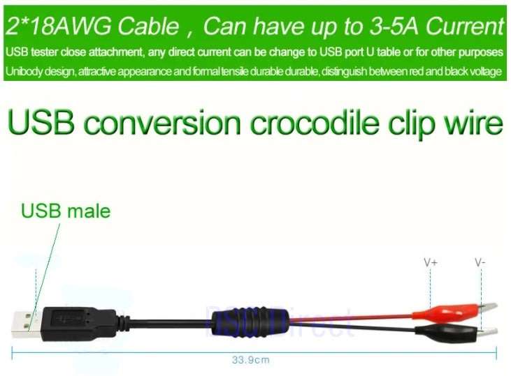 DIY USB Aligator Clips Crocodile Wire Male/Female to USB Line Detector DC Voltage Capacity Tester!!