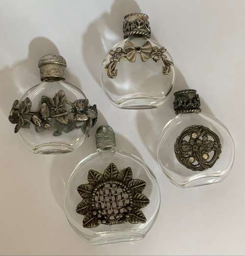 4 x Vintage Perfume Bottles Enclosed in Floral Decorative Casing