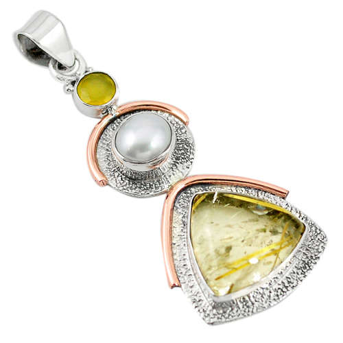 NATURAL TOURMALINE RUTILE, CHALCEDONY AND PEARL DESIGNER PENDANT IN SOLID STERLING SILVER!!!