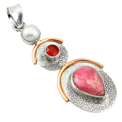 NATURAL RHODOCHROSITE INCA ROSE, PEARL AND CARNELIAN DESIGNER PENDANT IN SOLID STERLING SILVER!!!