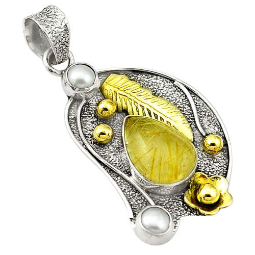 BEAUTIFUL NATURAL GOLDEN TOURMALINE RUTILE AND PEARL DESIGNER PENDANT IN SOLID STERLING SILVER!!!