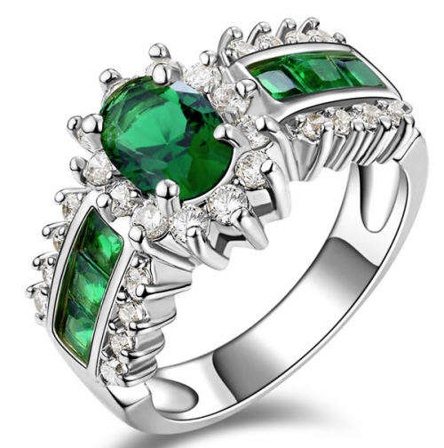 STUNNING EMERALD 18K WHITE GOLD FILLED DRESS RING
