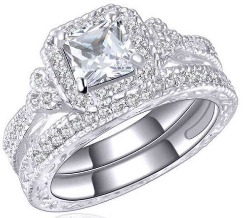 STUNNING SAPPHIRE AND CZ 18K WHITE GOLD FILLED WEDDING RING SET