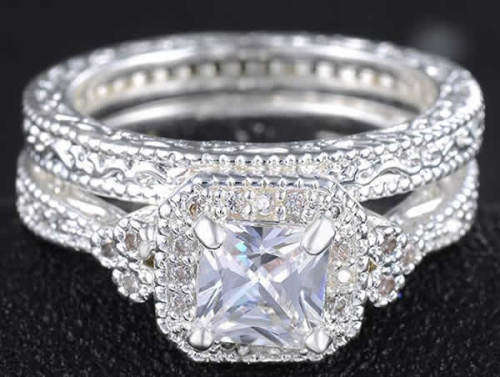 STUNNING SAPPHIRE AND CZ 18K WHITE GOLD FILLED WEDDING RING SET