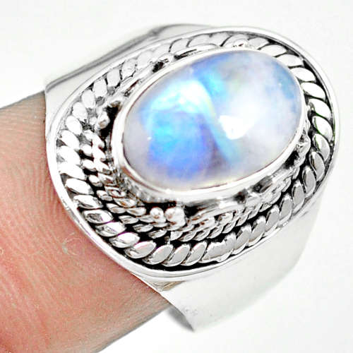 SPARKLING NATURAL RAINBOW MOONSTONE IN SOLID STERLING SILVER RING!!!