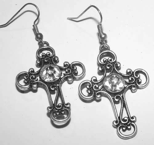 SILVER CROSS EARRINGS WITH RHINESTONES