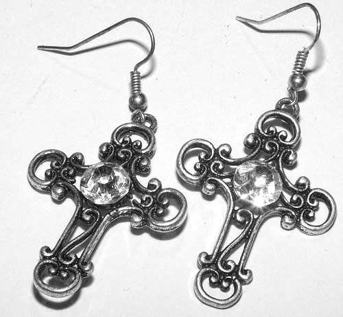 SILVER CROSS EARRINGS WITH RHINESTONES