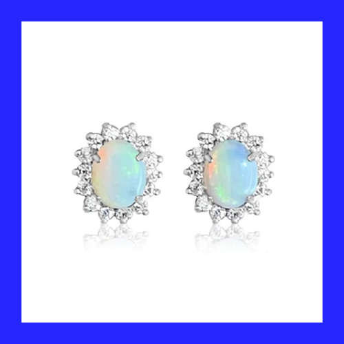 Cluster Halo Opalite And Cubic Zirconia Stud Earrings In Solid Sterling Silver