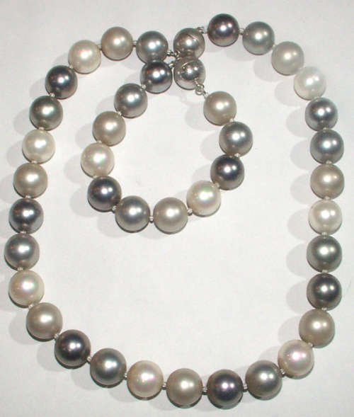 14mm SHELL PEARL NECKLACE AND BRACELET SET - SOLID .925 STERLING SILVER CLASPS!