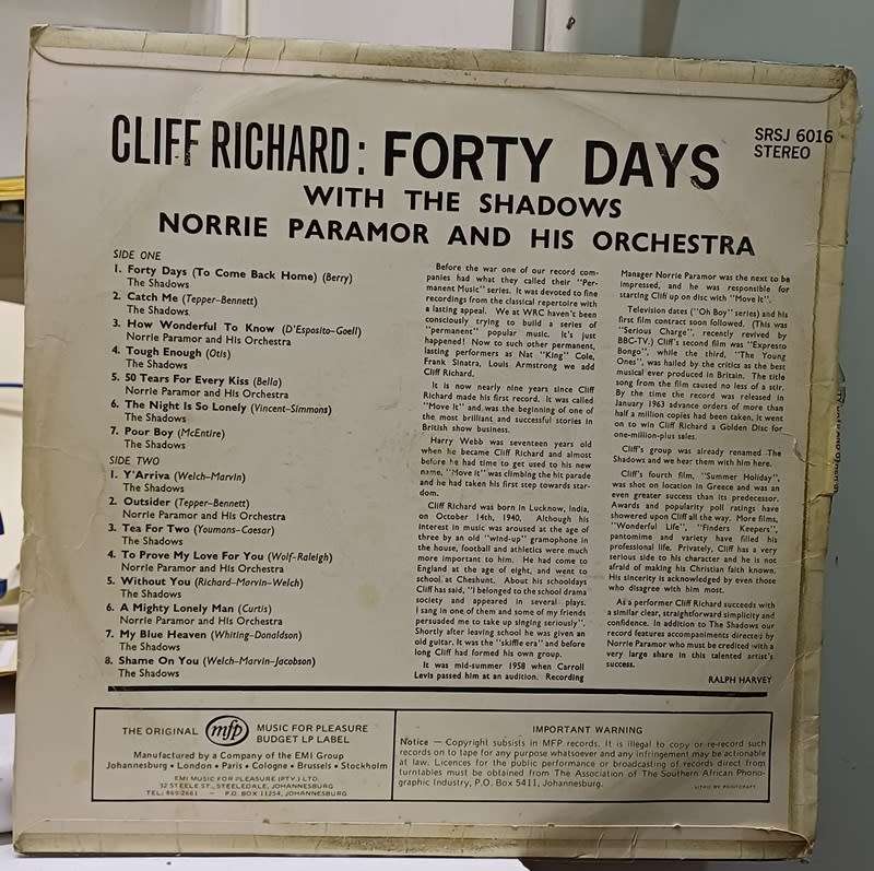 VINYL LP RECORD  - Cliff Richard Forty Days