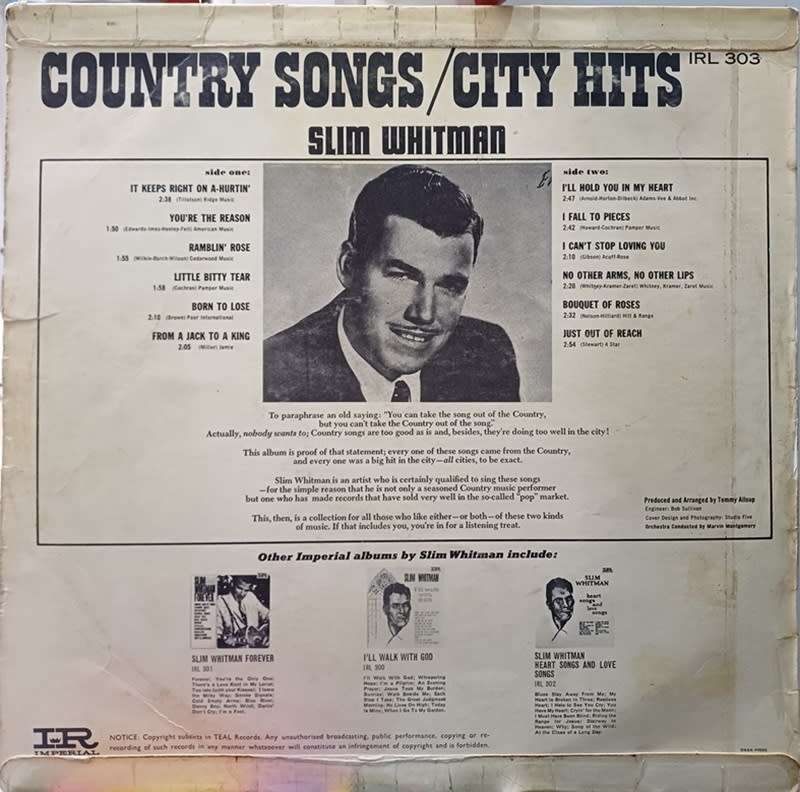 VINYL LP RECORD  - Slim Whitman - Country Songs/City Hits