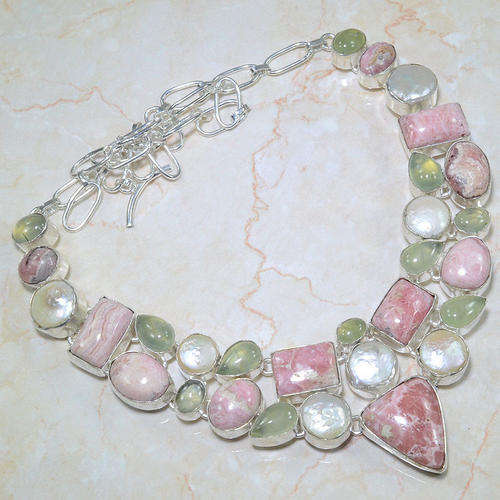 ****PURE BEAUTY IN NATURAL RHODOCHROSITE, BIWA PEARL AND PREHNITE!!****ONE OF A KIND NECKLACE!