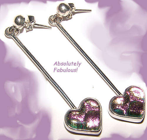 UNIQUE DICHROIC FUSED GLASS JEWELLERY -  HEART LINEAR EARRING S!!!