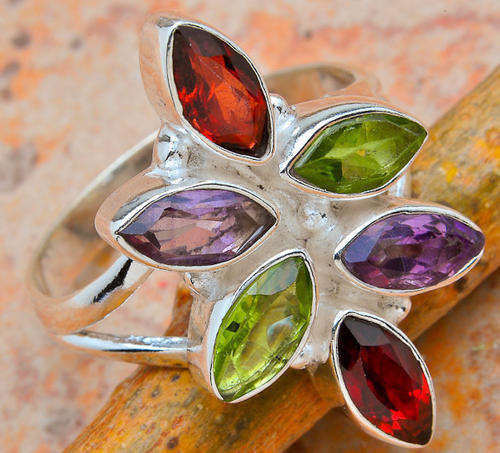 EXTRAORDINARY DESIGNER ITEM! - NATURAL GARNET, AMETHYST AND PERIDOT IN STERLING SILVER RING!!