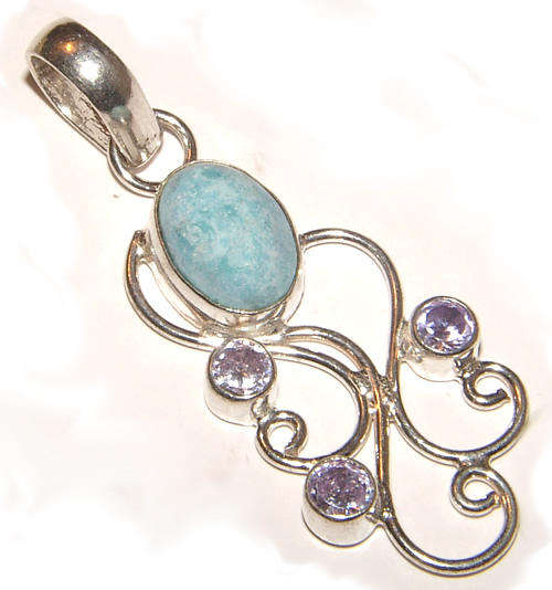 ***STUNNING!!!*** NATURAL LARIMAR AND AMETHYST GEMSTONES IN SOLID STERLING SILVER PENDANT!!