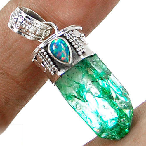 ***STUNNING!!!*** NATURAL FLUORITE POINT AND FIRE OPAL GEMSTONE IN SOLID STERLING SILVER PENDANT!!