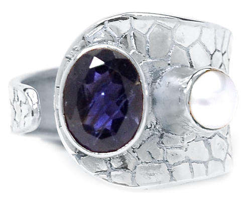 ***WOAW!!!*** GORGEOUS IOLITE AND PEARL IN SOLID STERLING SILVER RING!!!
