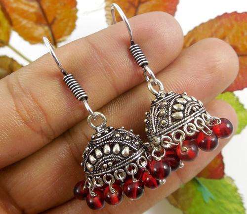 ANOTHER FIRST ON BIDORBUY!! - GORGEOUS GARNET AND MARCASITE STERLING SILVER JHIMKI EARRINGS!
