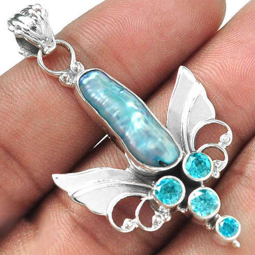 ***DESIGNER SACRED ANGEL WINGS ITEM!!*** BIWA PEARL AND TOPAZ SOLID STERLING SILVER PENDANT!!