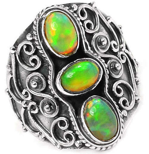 ***GORGEOUS!!!***STUNNING NATURAL RARE GREEN OPALS IN SOLID STERLING SILVER RING!!!