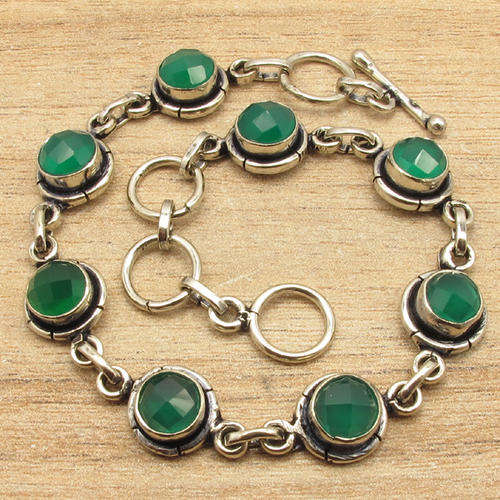 ***IMPORTED FROM INDIA*** NATURAL GREEN ONYX STERLING SILVER TOGGLE BRACELET!!