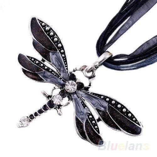 ***FAIRYTALE COLLECTION!***GORGEOUS RHINESTONE DRAGONFLY PENDANT WITH CORD AND RIBBON NECKLACE!