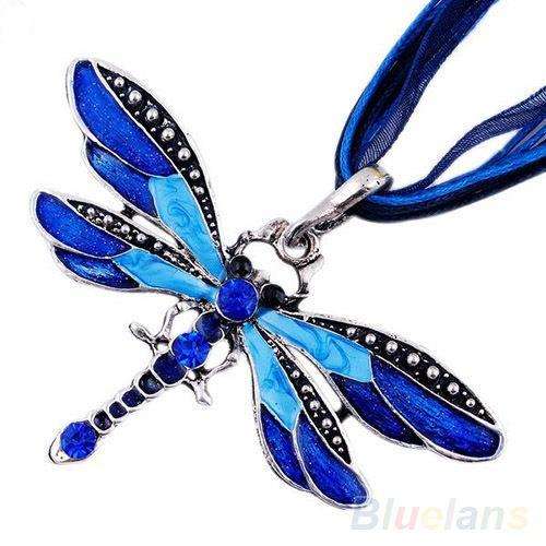 ***FAIRYTALE COLLECTION!***GORGEOUS RHINESTONE DRAGONFLY PENDANT WITH CORD AND RIBBON NECKLACE!