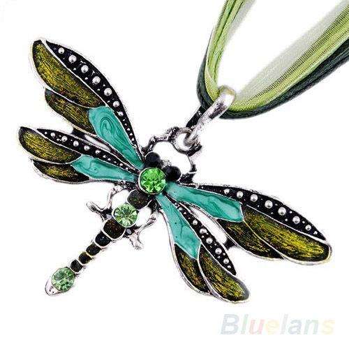 ***FAIRYTALE COLLECTION!***GORGEOUS RHINESTONE DRAGONFLY PENDANT WITH CORD AND RIBBON NECKLACE!