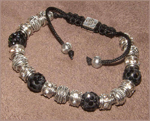 FASHION COLLECTION! - PRETTY DISCO BALL AND SILVER CHARM BLACK CORD MACRAME BRACELET!!