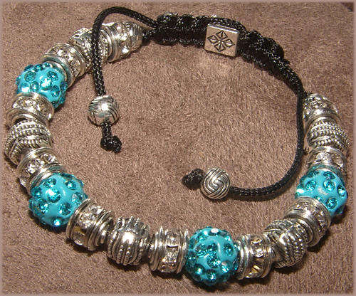FASHION COLLECTION! - PRETTY DISCO BALL AND SILVER CHARM BLACK CORD MACRAME BRACELET!!