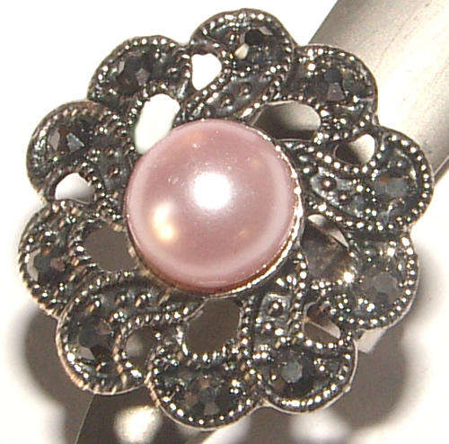 SWEET DESIGN!!! -- FAUX PEARL AND MARCASITE ADJUSTABLE DRESS RING!