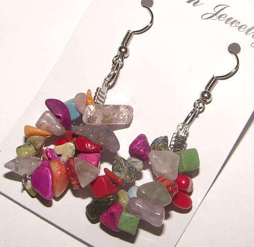 ***CHARM-ING!! ELEGANT NATURAL GEMSTONE CLUSTER DANGLING EARRINGS!!