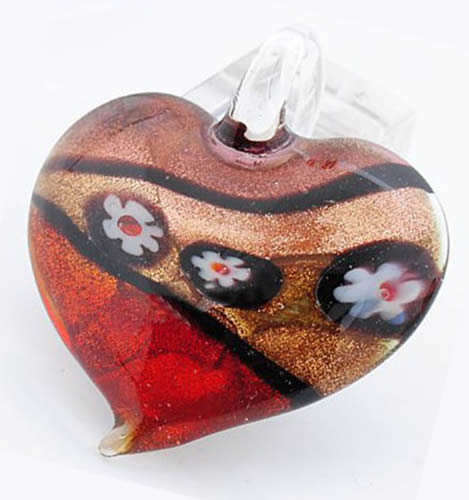 MURANO LAMPWORK FOIL GLASS HEART PENDANT WITH BLACK CORD NECKLACE!