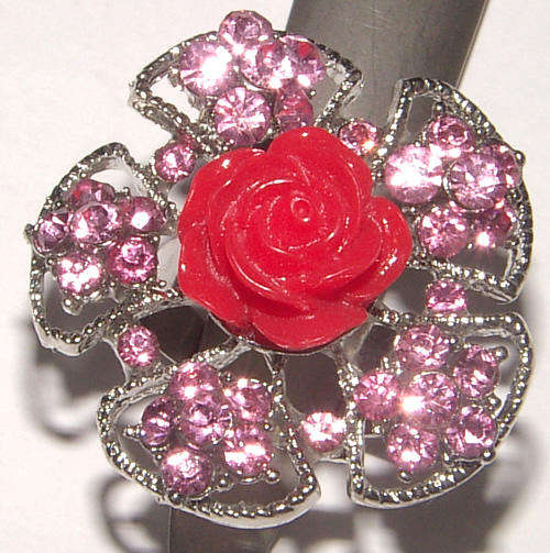 BEAUTIFUL RHINESTONE CRYSTAL FILIGREE RING WITH POLYMER CLAY FLOWER - ***BEAUTIFUL***