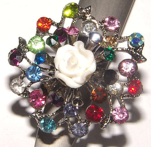 BEAUTIFUL RHINESTONE CRYSTAL FILIGREE RING WITH POLYMER CLAY FLOWER - ***BEAUTIFUL***