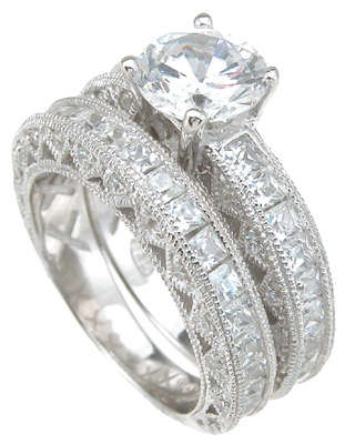 925 Sterling Silver Rhodium Finish CZ Antique Style Wedding Set Ring