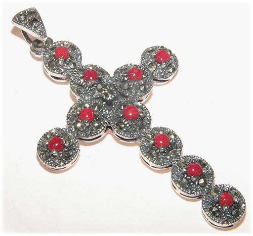 Genuine Natural MARCASITE AND CORAL Sterling Silver Pendant!
