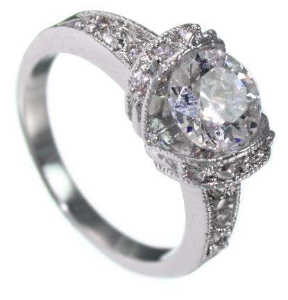 ***NEW!*** - DIAMOND SIMULANT STERLING SILVER SOLITAIRE CLUSTER ENGAGEMENT RING.