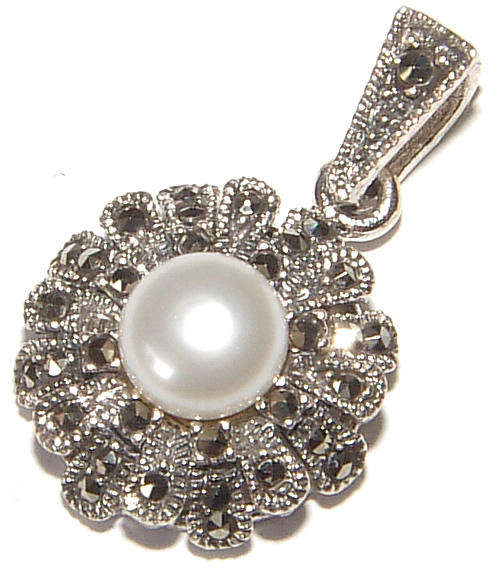 STUNNING GENUINE MARCASITE AND NATURAL PEARL STERLING SILVER PENDANT