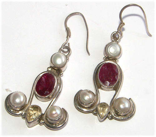 DESIGNER PEARL, RUBY AND CITRINE EARRINGS in STERLING SILVER!