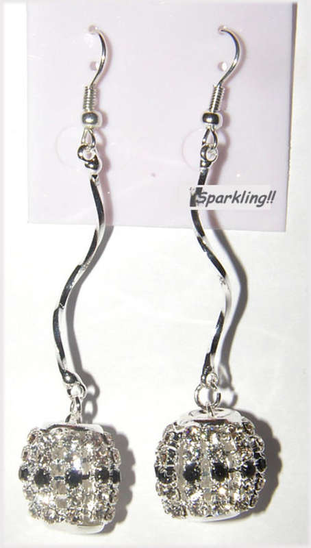 ***SPARKLING!!!*** ---BLACK AND WHITE RHINESTONE DANGLING BALL EARRINGS!!!