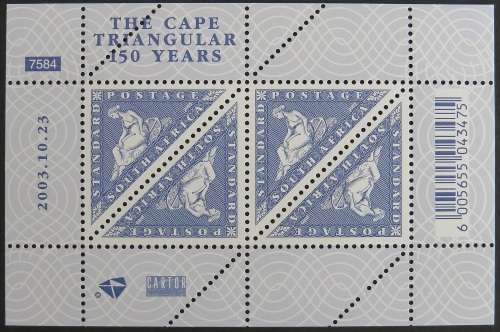 SACC 1583: 150th Anniversary of Cape Triangular Stamps.  Sheetlet of 4, Cylinder No. 7584. MNH.