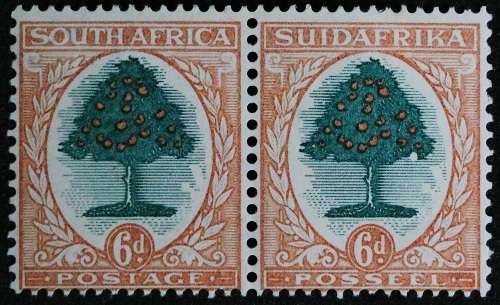 SACC 48v: Roto printing Pretoria Definitive issue. 6d Green and orange pair, variety `White Orange`
