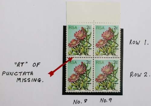 SACC 419v: 3rd Def. issue. 2c block of 4. Missing `at` in Punctata, R1/8. M(NH).