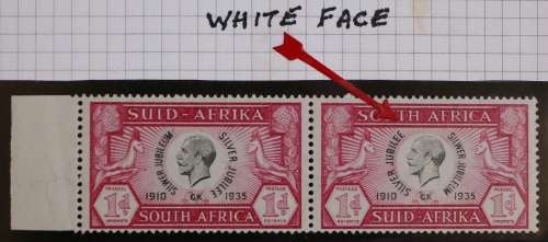SACC 65v: Silver Jubilee of King George V. 1d black and carmine pair, variety `white face`. MNH.