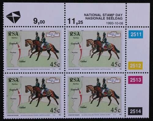 SACC 843-846: 1993. National Stamp Day. Set of 4 Contr. Blks. of 4. 45c:65c:85c:R1.05: MNH
